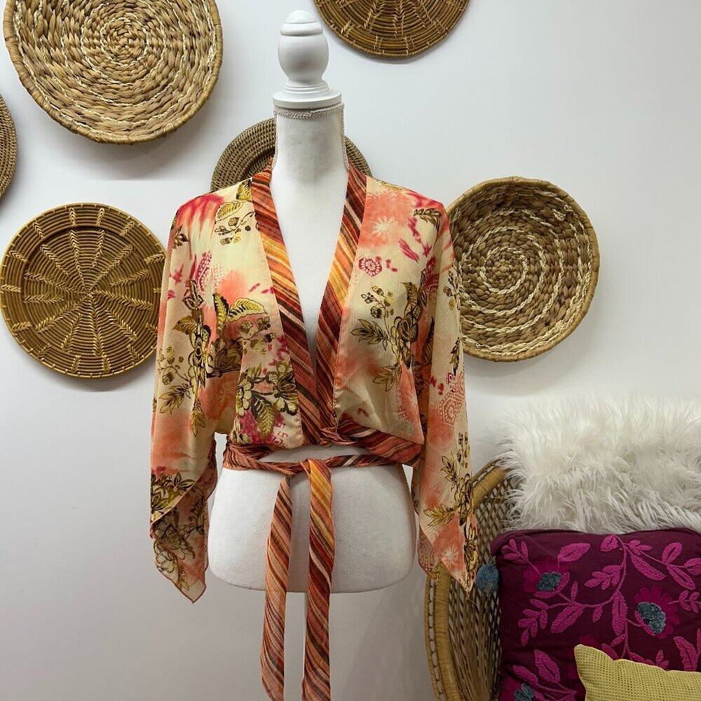 Vintage Y2K 2000s Mix It Floral Wrap Tie Flowy Cropped Blouse Crop Top Large - Picture 2 of 8